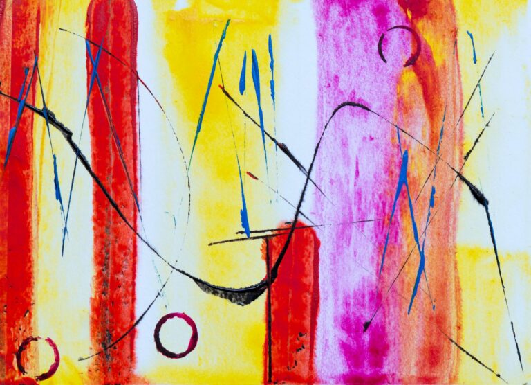 Colorful abstract expressionism artwork with bold splashes of acrylic paint.