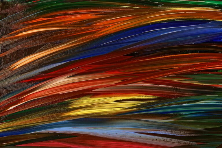 Colorful abstract oil painting featuring dynamic brushstrokes in red, blue, and yellow.