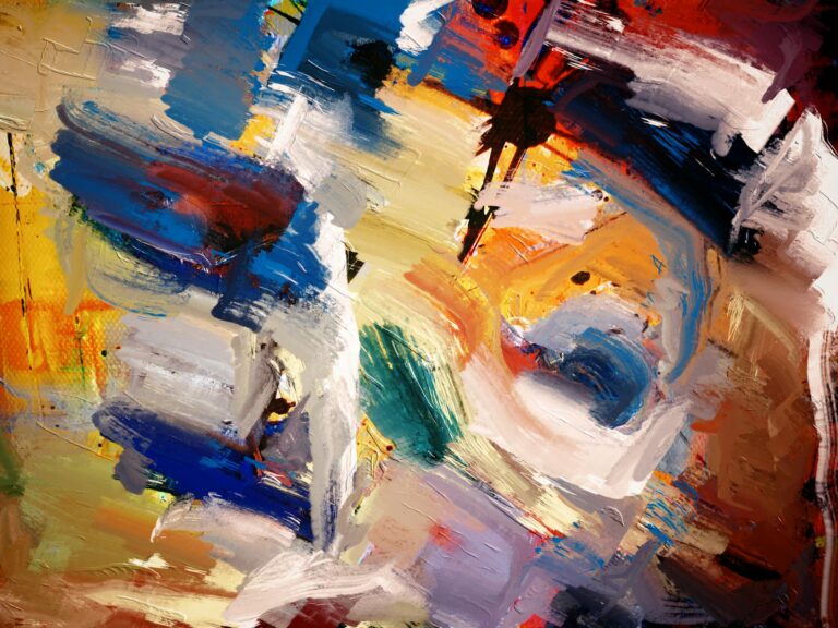 Colorful abstract painting with dynamic brush strokes and bold forms.