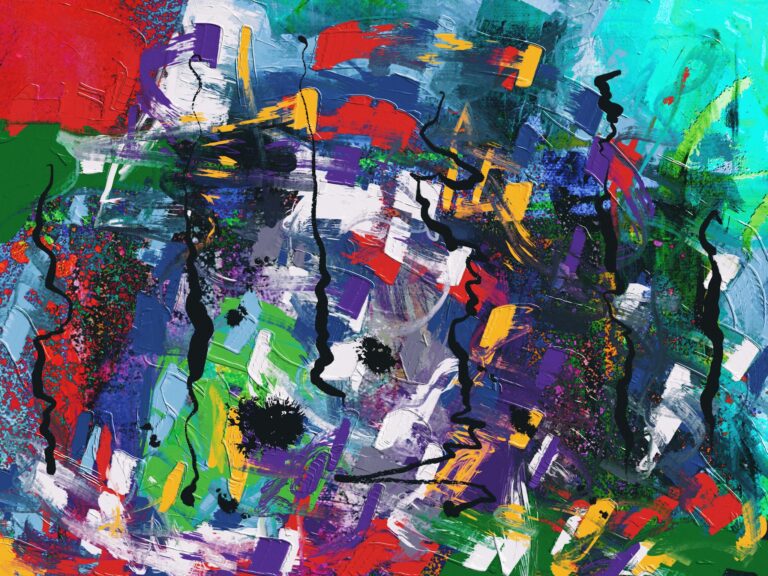 Vivid and colorful abstract expressionist painting with dynamic brush strokes.